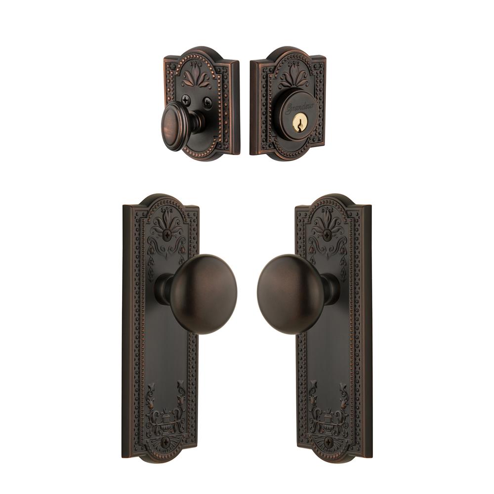 Grandeur by Nostalgic Warehouse Single Cylinder Combo Pack Keyed Differently - Parthenon Plate with Fifth Avenue Knob and Matching Deadbolt in Timeless Bronze